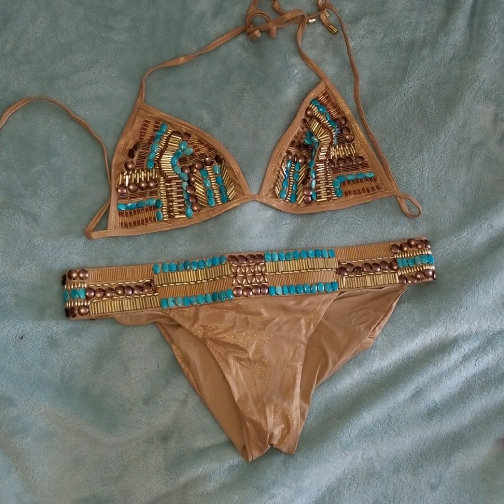 Beaded Beach Bunny bronze gold bikini